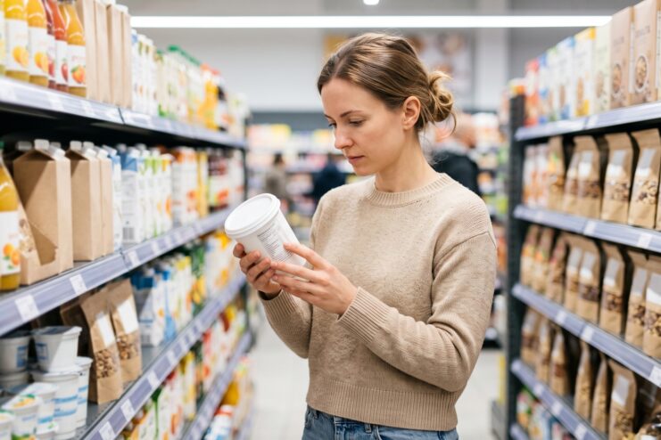 Девушка в супермаркете читает состав и калорийность продукта на этикетке