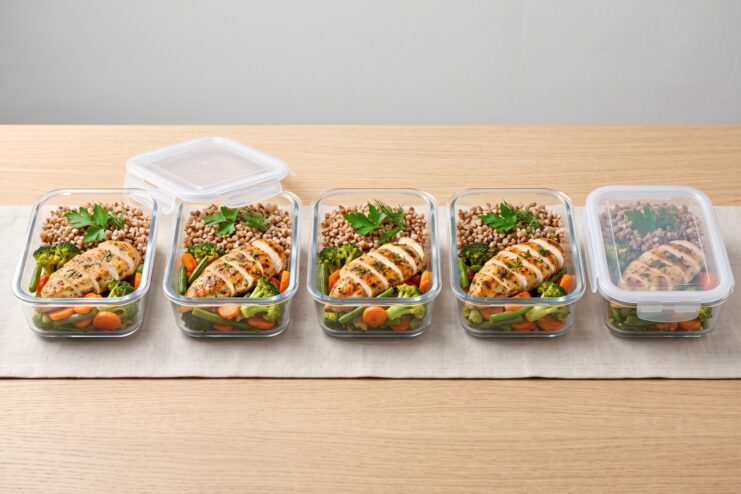 Однообразный meal prep в пяти контейнерах Пять одинаковых стеклянных контейнеров с гречкой, курицей и брокколи на неделю