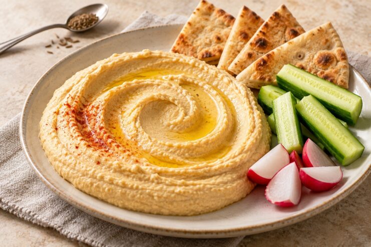 Хумус со свежими овощами и питой Блюдо с хумусом, оливковым маслом, кусочками питы, свежим огурцом и редисом