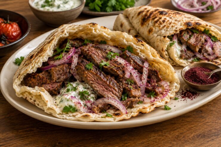 Мясное блюдо с сумахом в пите Мясо на гриле в пите с луком, сумахом и соусом
