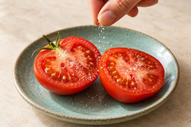 Соль и вкус свежих продуктов Посыпание щепоткой соли свежих половинок помидора на тарелке