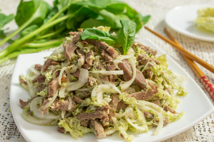 Салат из языка самый вкусный рецепт с пекинской капустой и ореховым соусом
